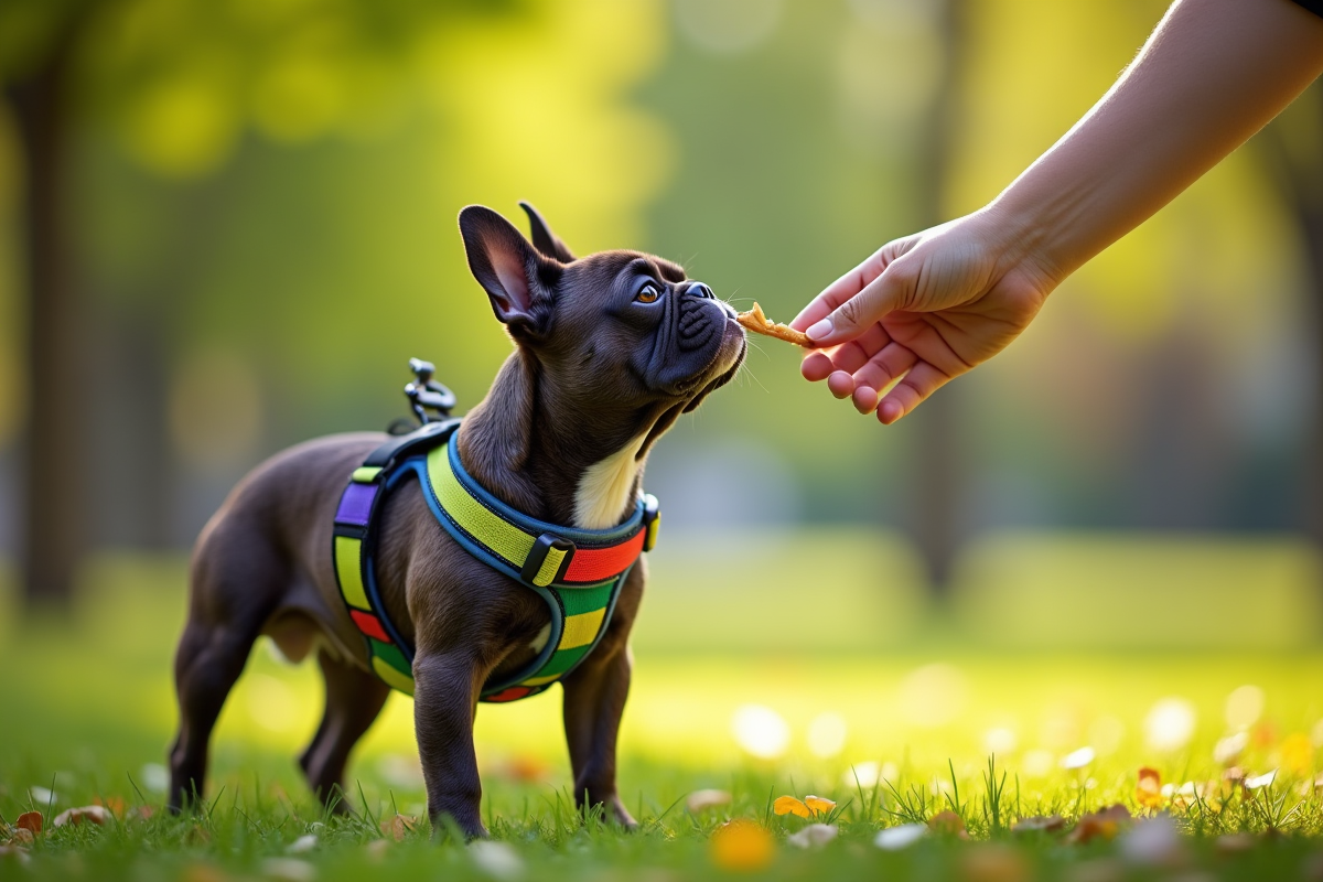 Chiot bulldog avec harnais dans un parc ensoleille