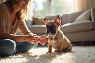 Petit chiot bulldog français assis sur un tapis lumineux
