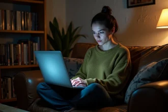 Femme cinéphile naviguant sur un site de découverte de films sur son laptop dans un salon cosy avec des étagères de DVDs