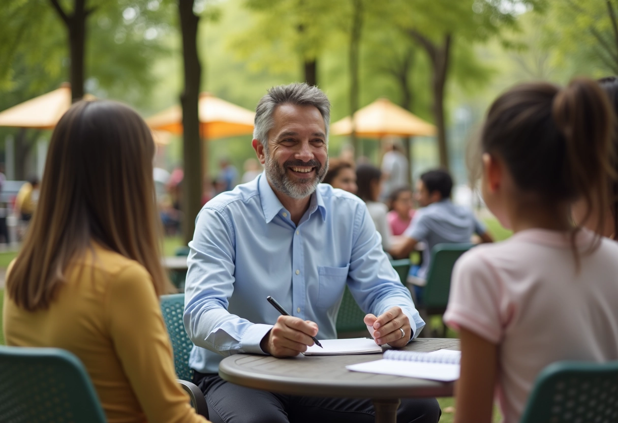 Coach parental souriant avec parents dans un parc urbain