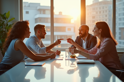 Quatre personnes collaborant autour d'une table moderne