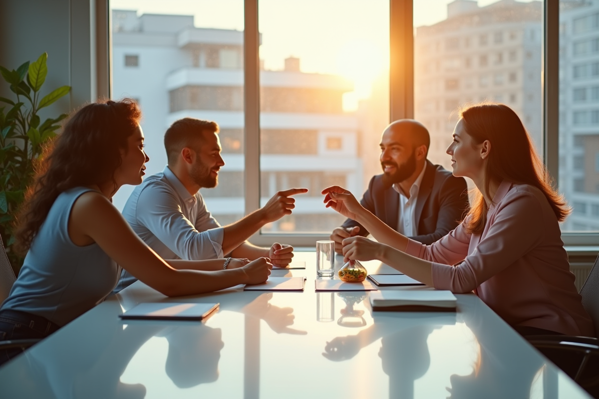 Quatre personnes collaborant autour d'une table moderne