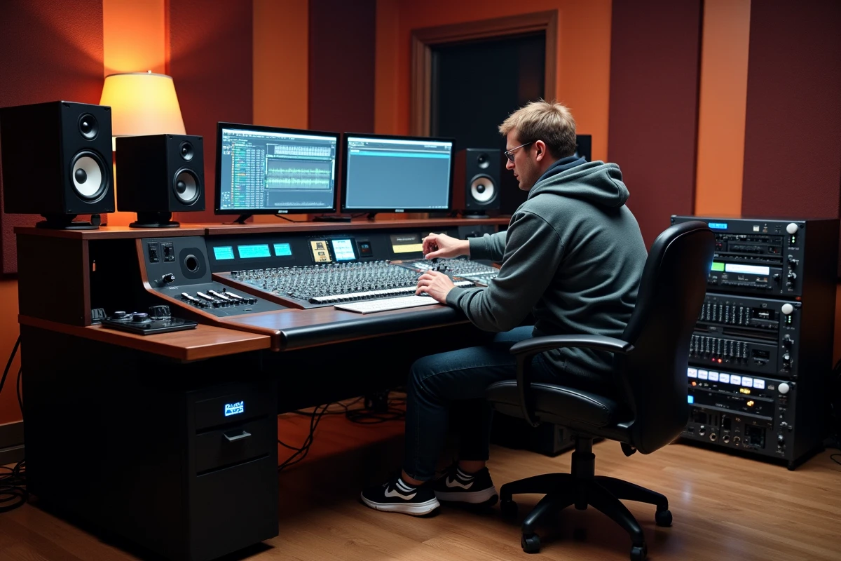 Deux producteurs de musique en collaboration dans un studio d'enregistrement professionnel parisien