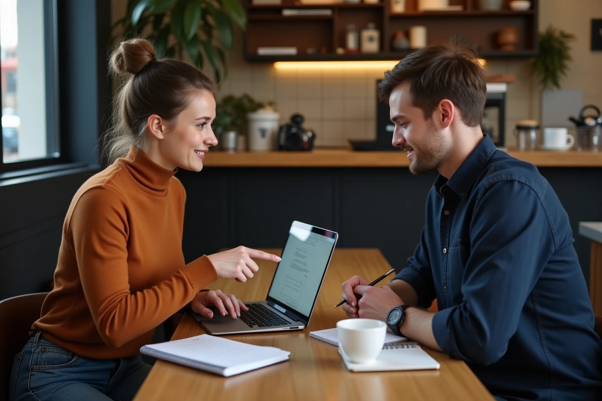 Deux jeunes créatifs débutants collaborant sur un projet freelance dans un café de quartier