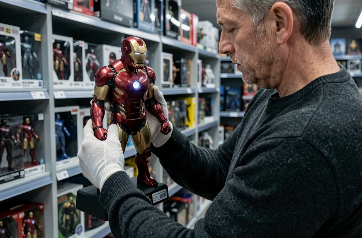 Collectionneur examinant une statue Iron Man premium en magasin spécialisé pour évaluer la qualité des finitions