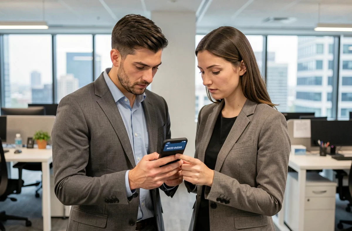 Deux collègues en bureau vérifiant ensemble un numéro de téléphone inconnu sur smartphone, comparant annuaire inversé et application