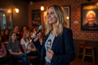 Jeune femme blonde souriante avec micro sur scène de comedy club