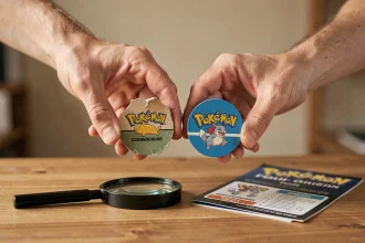 Comparaison entre un jeton Pokémon authentique et une contrefaçon posés côte à côte sur un bureau en bois avec loupe