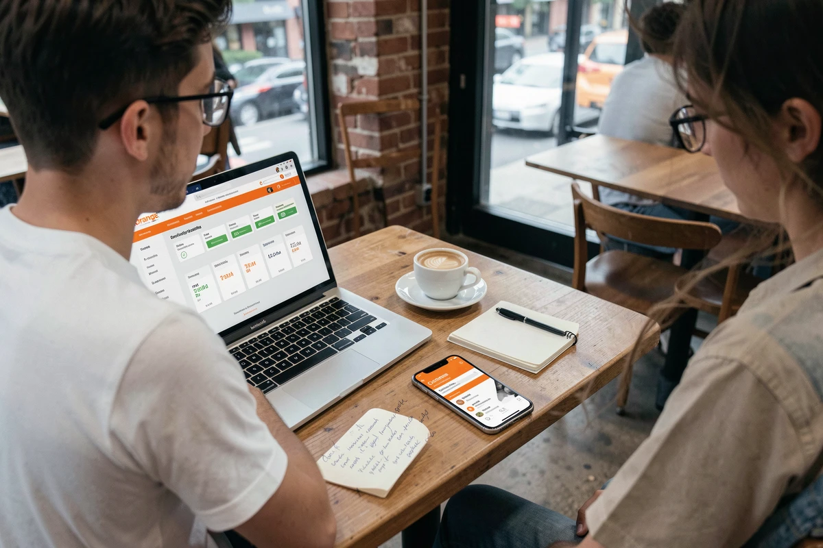 Personne comparant les prix et contrats de carte SIM Orange sur un ordinateur portable dans un café