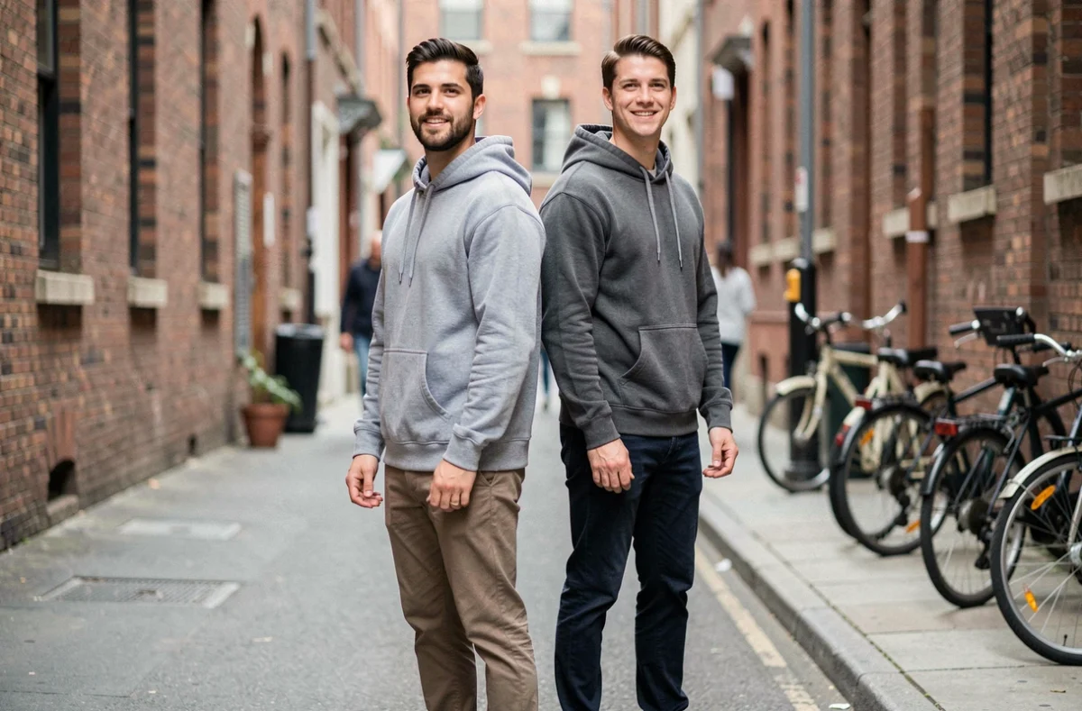 Deux hommes dos à dos dans une rue urbaine illustrant la comparaison de taille entre individus