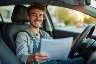 Jeune conducteur souriant dans une voiture moderne en ville