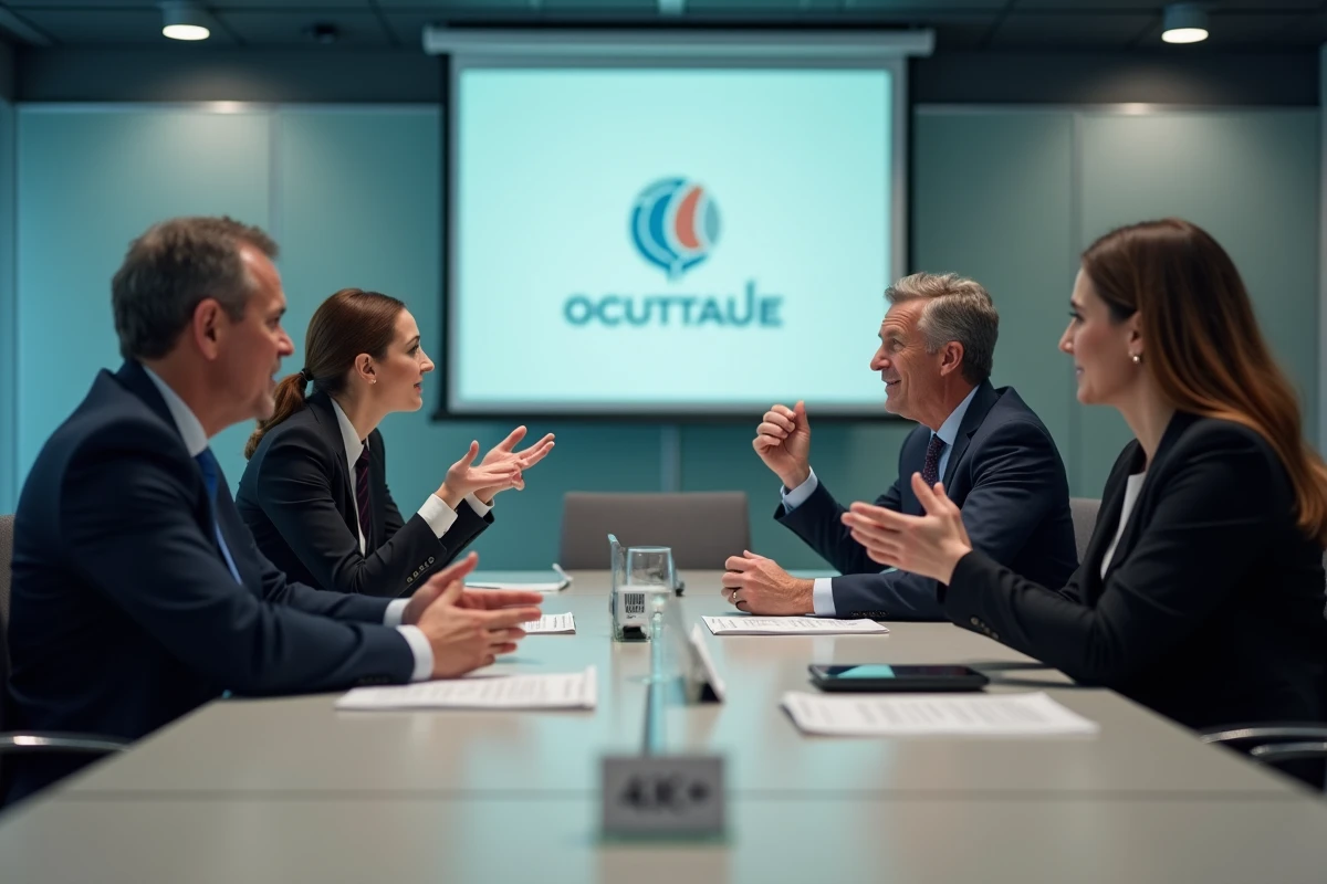 Professionnels du droit réunis autour d'une table de conférence lors d'un congrès notarial avec documents et écran de présentation