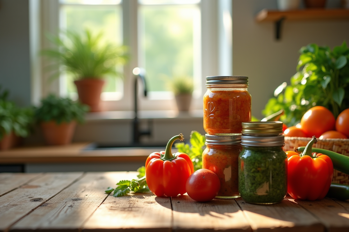 Conserves de légumes empilées avec légumes frais sur un comptoir en bois