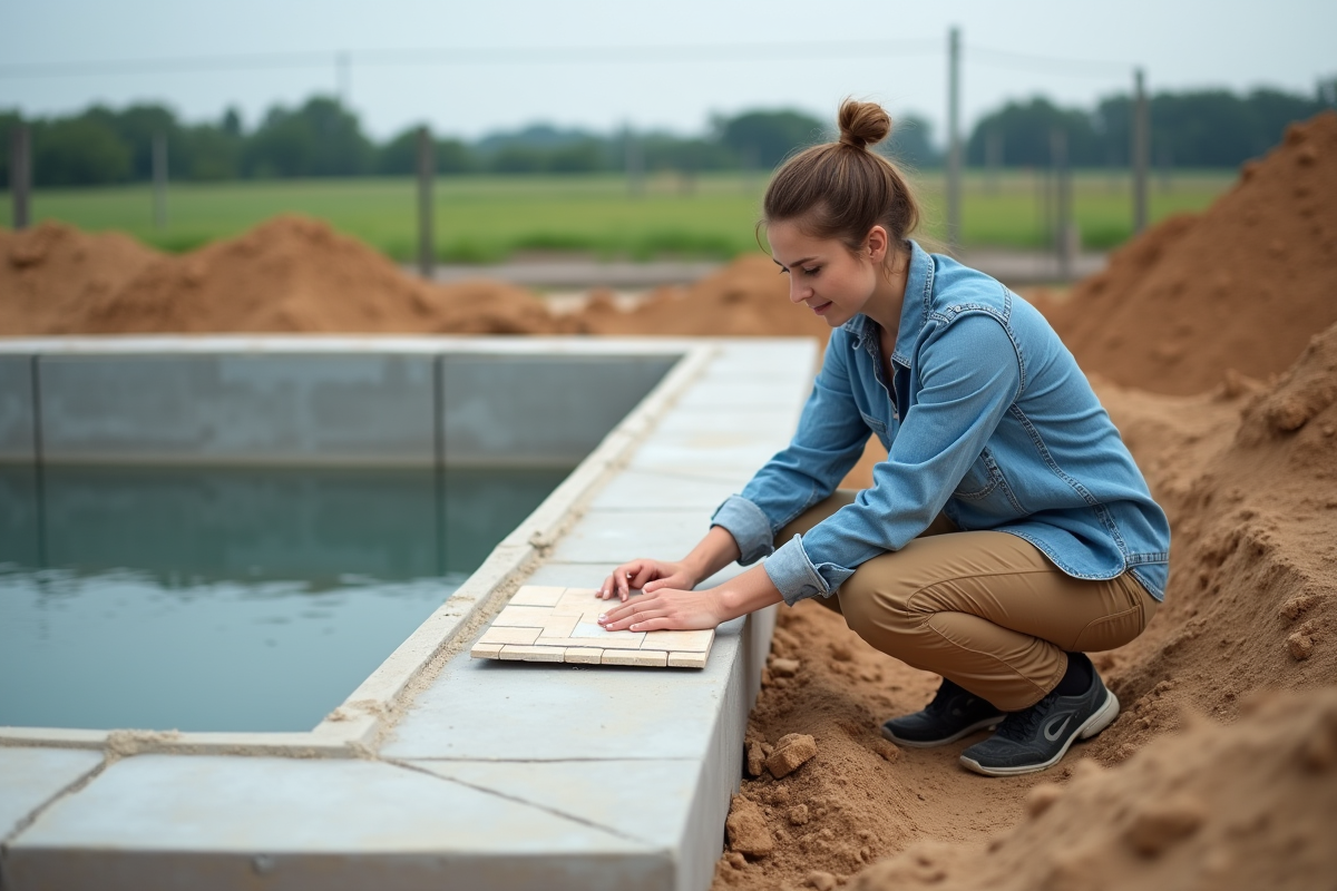 Femme examinant des carreaux près de la piscine