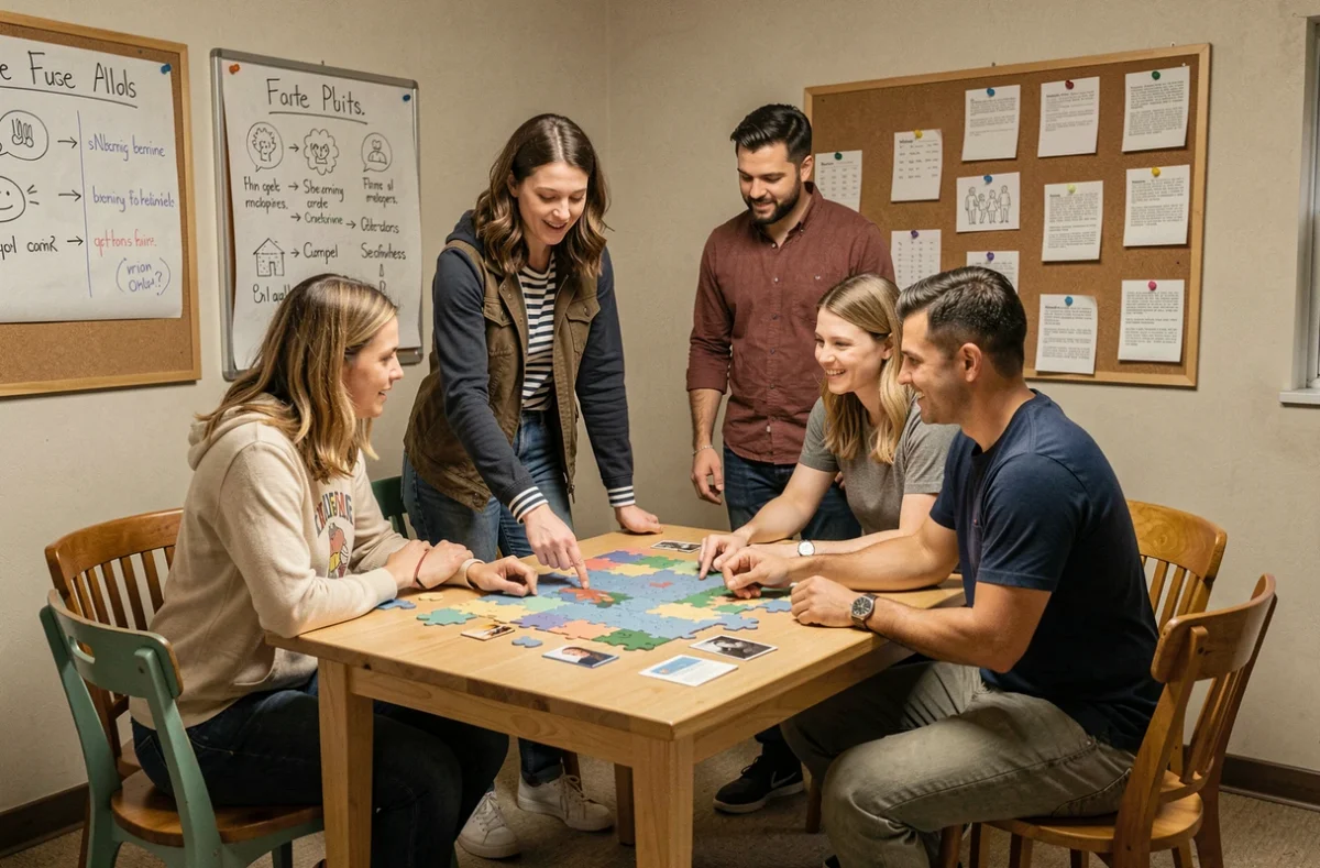 Groupe de joueurs en mode coopératif autour d'une table d'énigmes dans Coop Escape