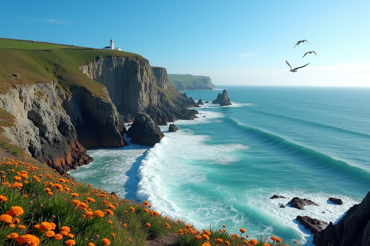 Côte rocheuse en Bretagne avec falaises et phare au loin