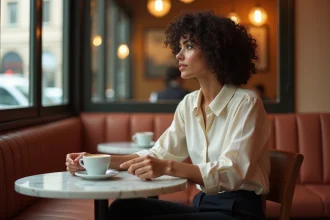 Jeune femme pensive dans un café parisien illustrant la vie amoureuse et médiatique d'un couple célèbre en 2026