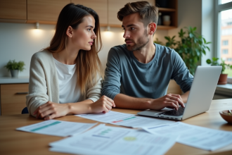 Jeune couple réfléchissant à un prêt immobilier dans leur appartement