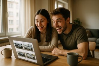 Jeune couple heureux recherchant une voiture en ligne