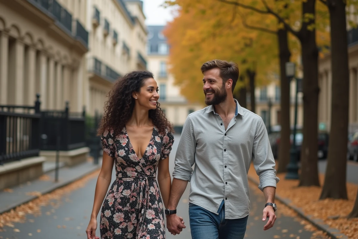 Couple se promenant dans une rue parisienne en automne, illustrant la vie publique et médiatique d'Anne Sila et David Kammenos en 2026