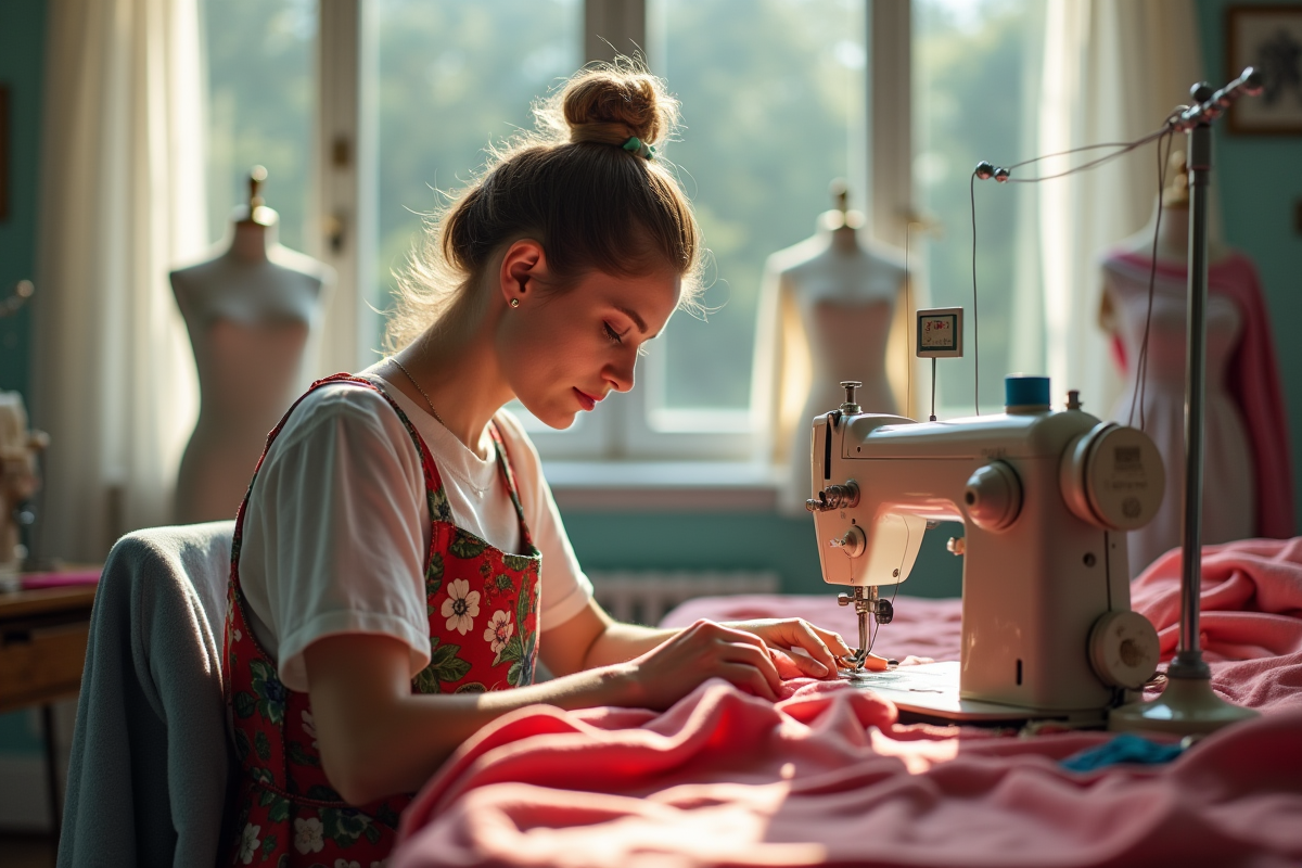 Couturiere travaillant dans un atelier lumineux avec tissus colorés
