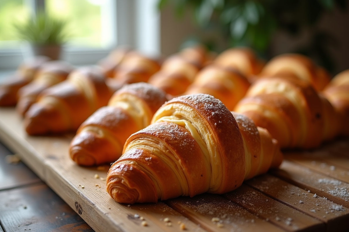 Croissants dorés au beurre sur une table en bois rustique