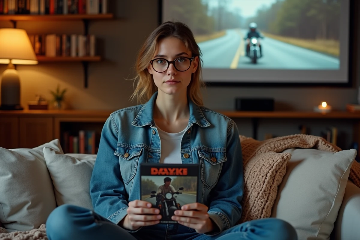 Jeune femme découvrant une collection de films de moto culte dans un salon cinéma maison confortable