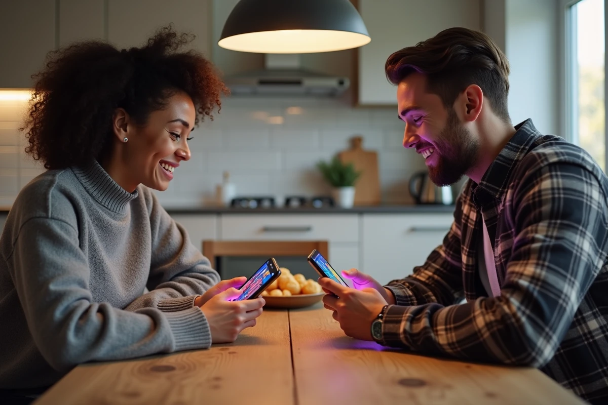 Deux joueurs adultes en compétition amicale sur Monopoly Go à une table de cuisine