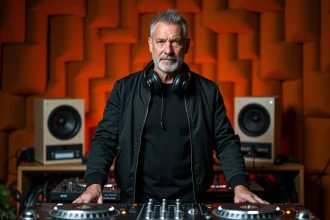 DJ français professionnel derrière sa table de mixage dans un studio backstage, casque autour du cou