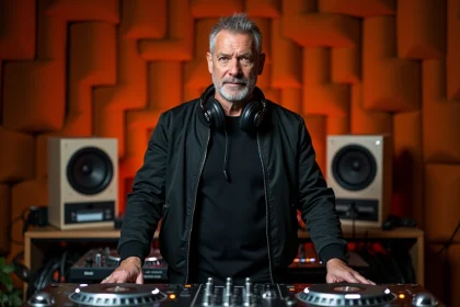 DJ français professionnel derrière sa table de mixage dans un studio backstage, casque autour du cou