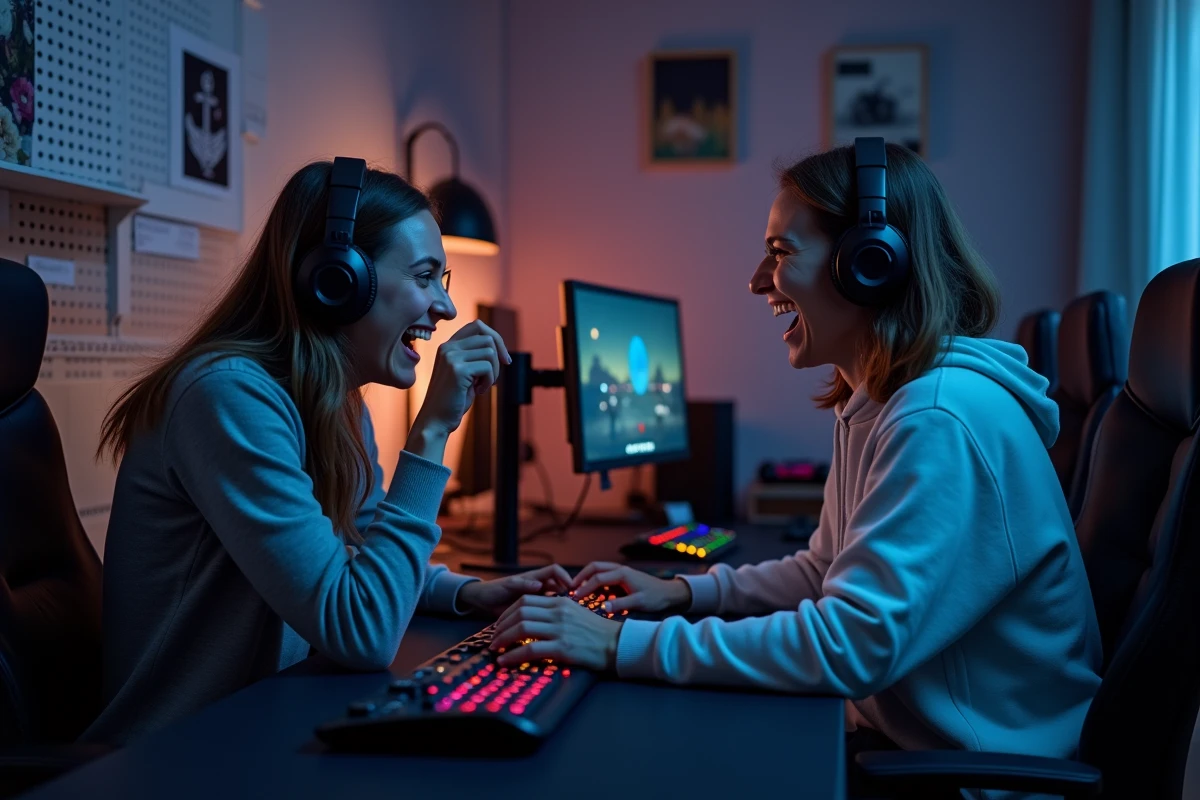 Deux joueurs adultes partageant une session de jeu en coopération locale sur PC