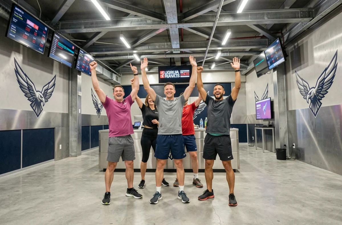 Équipe victorieuse célébrant la fin de leur mission dans la salle Eagles Team Experiences