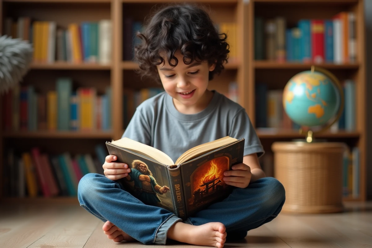 Enfant lisant un livre de mythologie romaine sur Vulcain le dieu forgeron