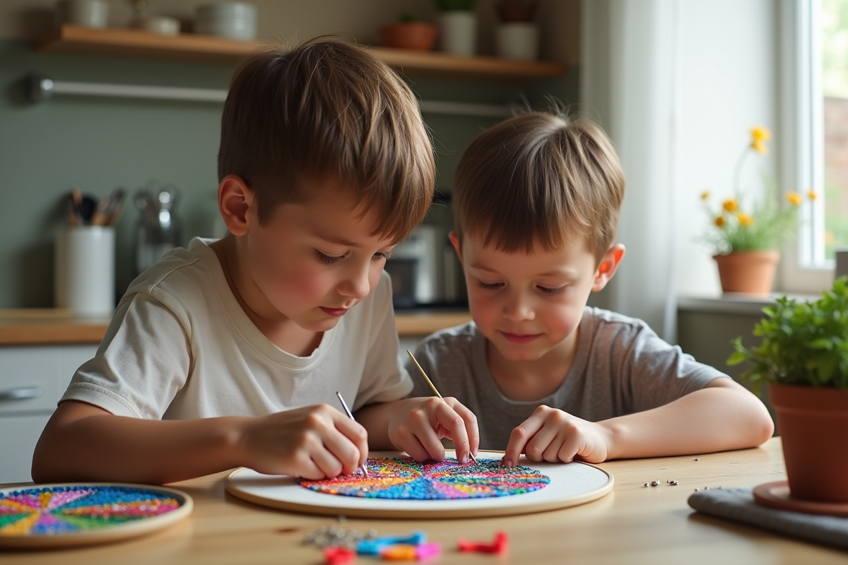 Enfant et grand-mère travaillant sur un kit de broderie diamant