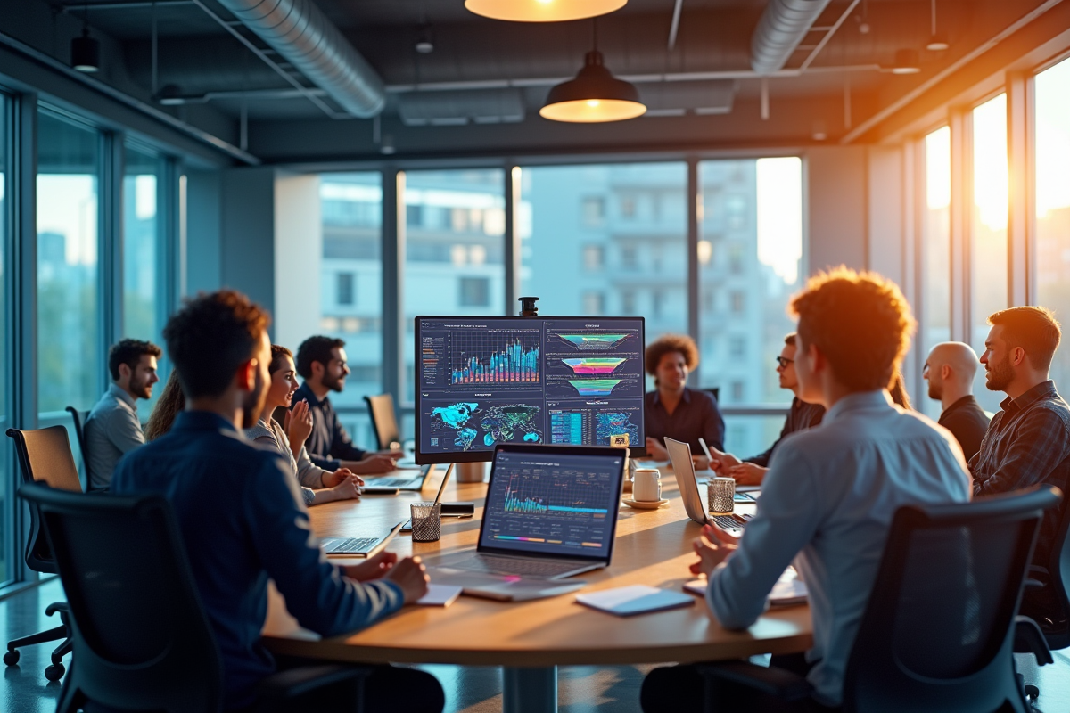 Equipe startup analyse tendances retail sur grands ecrans