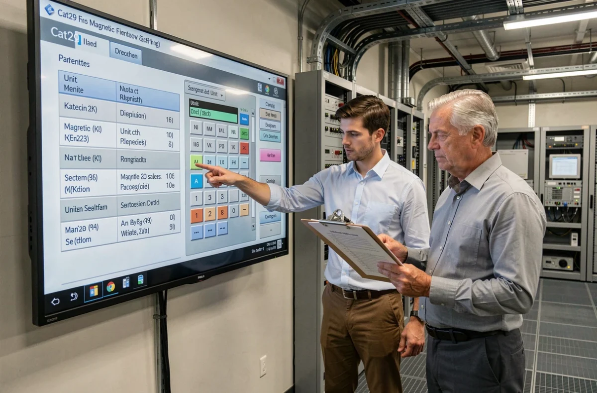 Deux ingénieurs analysant ensemble les erreurs d'unité dans le calculateur de champ magnétique Cat29