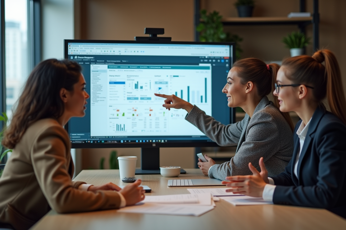 Groupe de jeunes professionnels collaborant sur un logiciel de paie