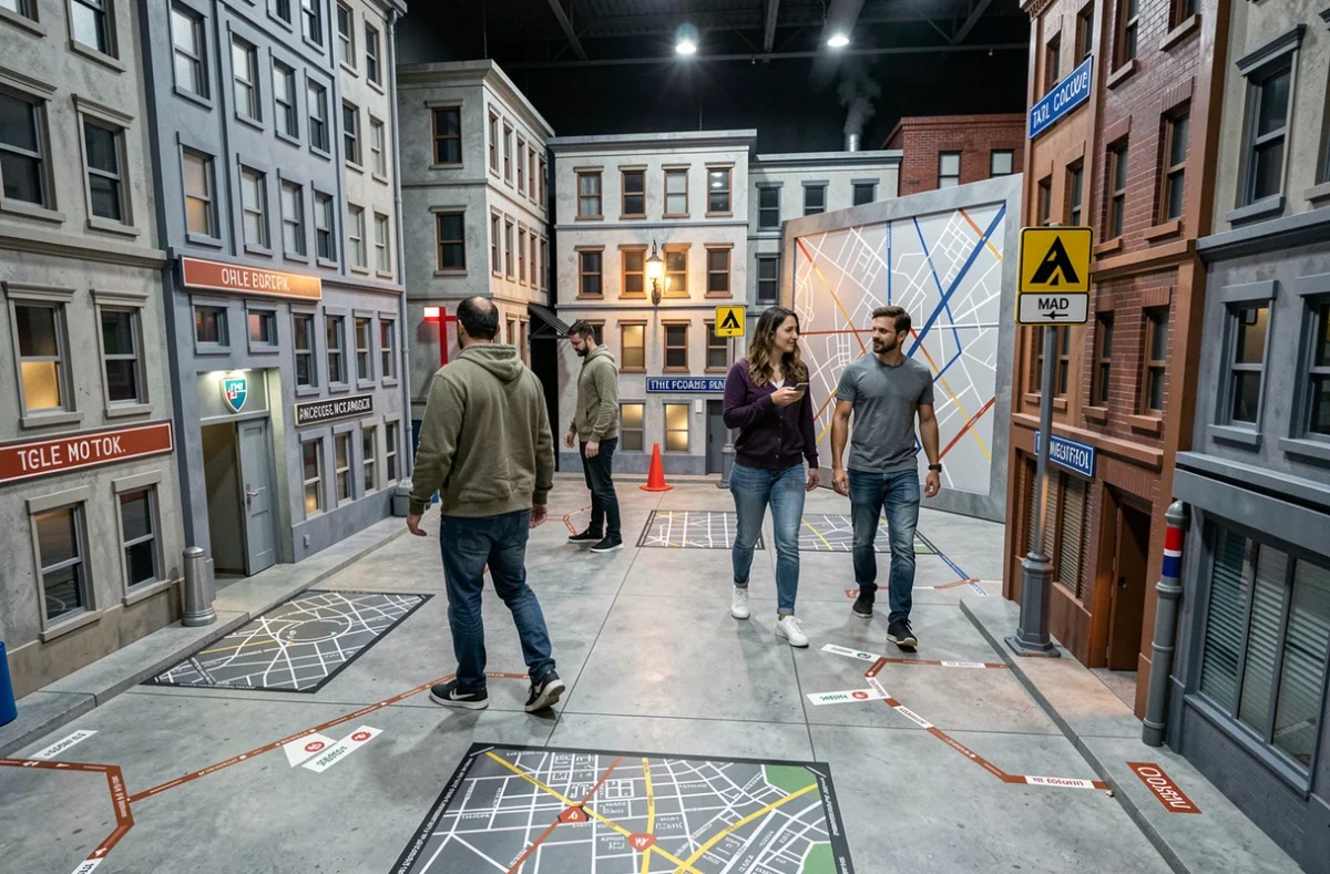 Équipe explorant un décor urbain miniature lors d'une session chez Escape The City