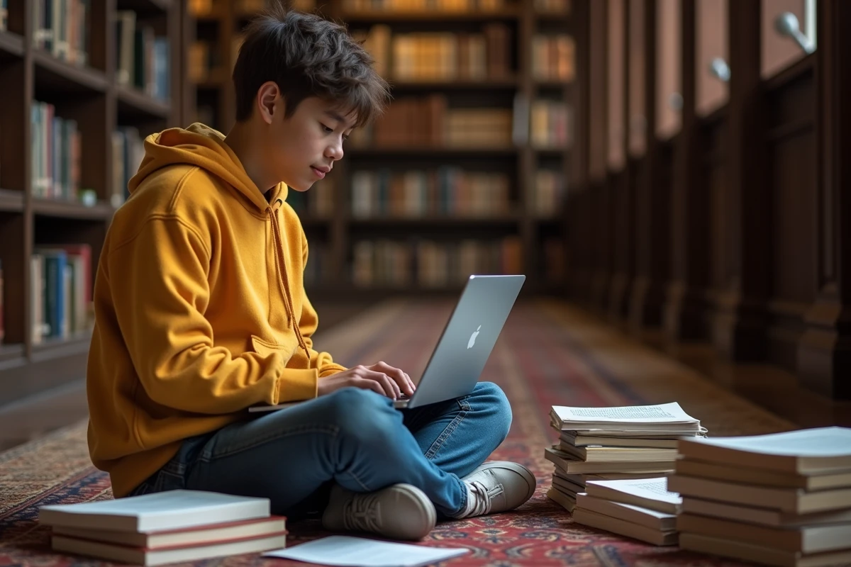 Jeune étudiant entouré de livres de grammaire française dans une bibliothèque universitaire, recherchant l'usage correct des temps du passé