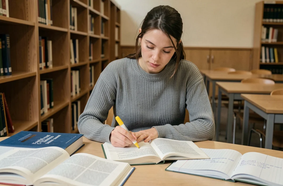 Étudiante en droit pénal révisant l'arrêt Perdereau et la notion d'infraction impossible dans une bibliothèque universitaire