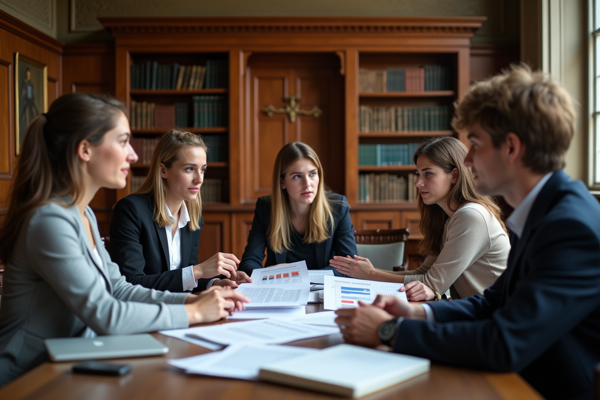 Jeunes étudiants discutant de politique monétaire dans une salle historique