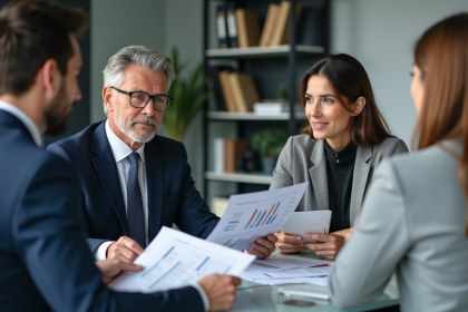Expert immobilier présentant des documents à un couple dans un bureau