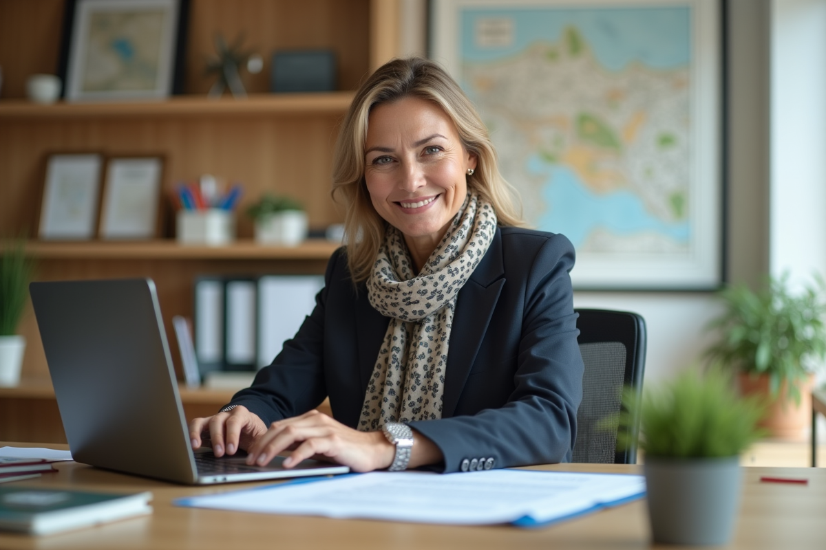 Experte foncier femme au bureau avec ordinateur