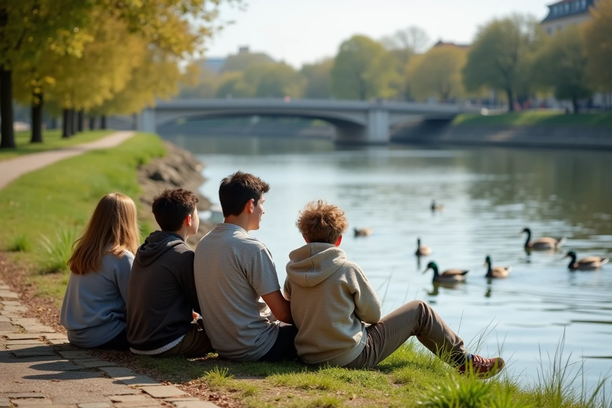 Famille au bord de la Garonne regardant des canards dans un parc