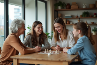 Famille réunie autour d'un jeu de société dans un appartement moderne