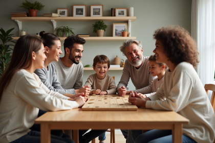 Famille recomposée jouant à un jeu de société autour d'une table