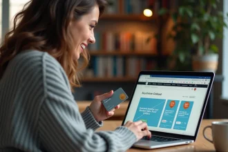 Femme faisant ses achats en ligne lors du Cyber Monday 2026 sur un ordinateur portable à son bureau à domicile