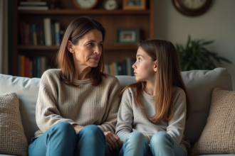 Femme adulte et adolescente assises dans un salon