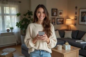 Femme souriante avec smartphone lors d'une fête d'anniversaire