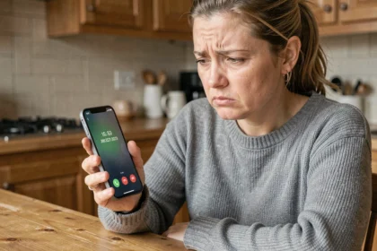 Femme frustrée regardant un appel téléphonique répété d'un numéro inconnu sur son smartphone, illustrant le harcèlement téléphonique